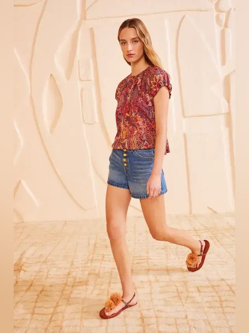 ULLA JOHNSON 'Issa' Batik-Print Cotton-Blend Top, Odessa (Brick) - Size 4